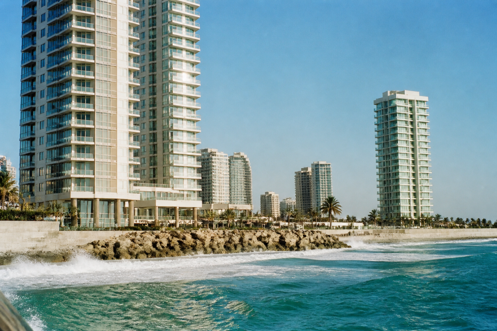 Tours modernes scintillantes au bord de la mer