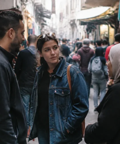Trois passants debout dans une ruelle surpeuplee