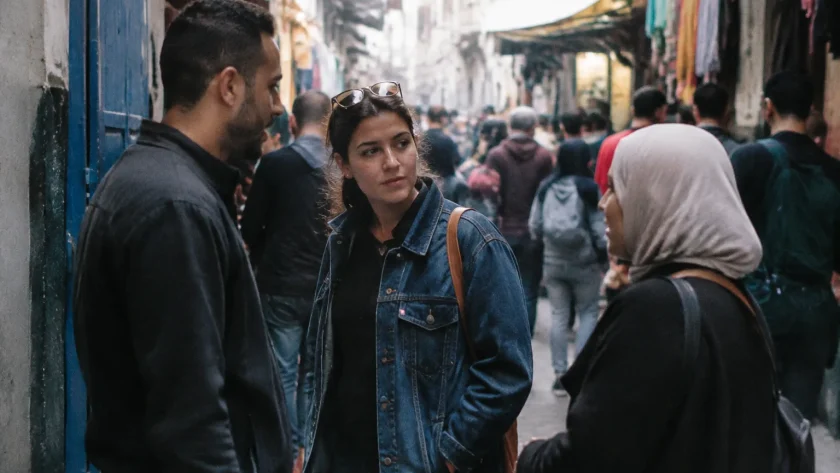 Trois passants debout dans une ruelle surpeuplee