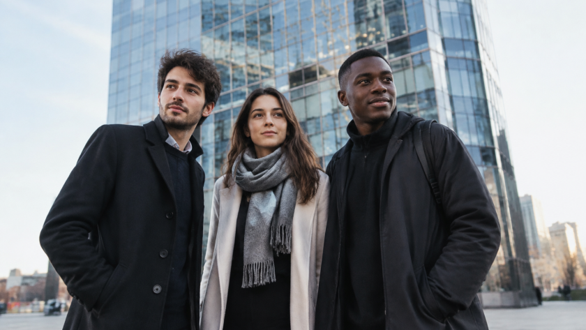 Trois personnes debout devant une tour de verre