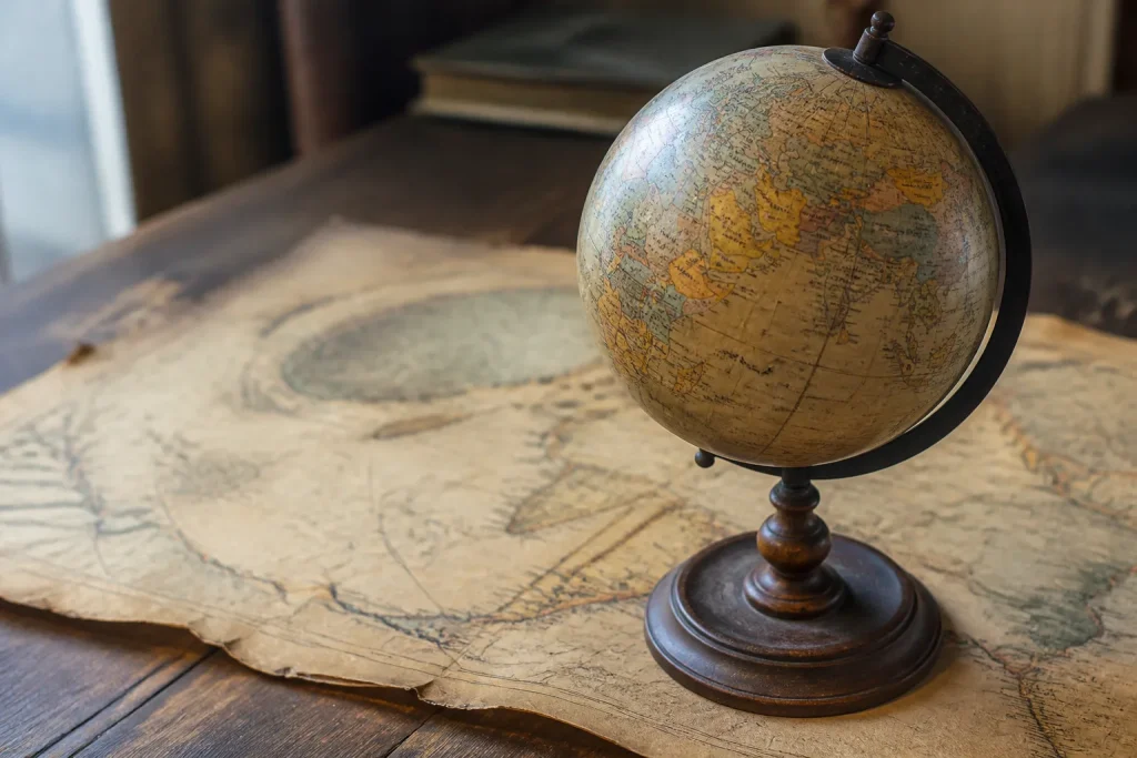 Vieux globe terrestre sur une carte jaunie